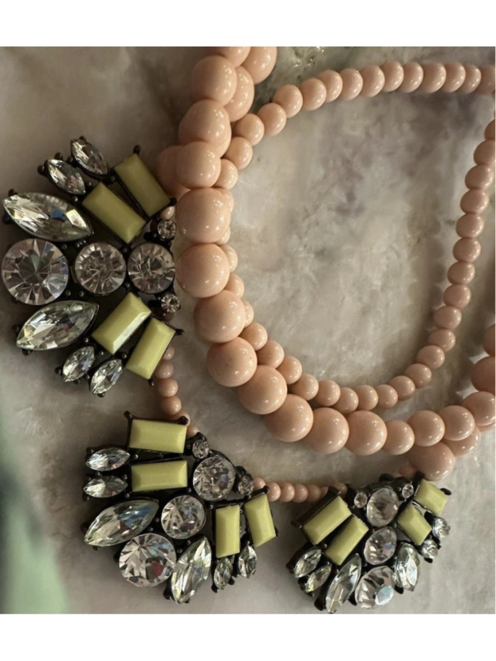 Plunder Design Crystal Charm Peach Bead Layered Necklace 20 Inch Brass Tone